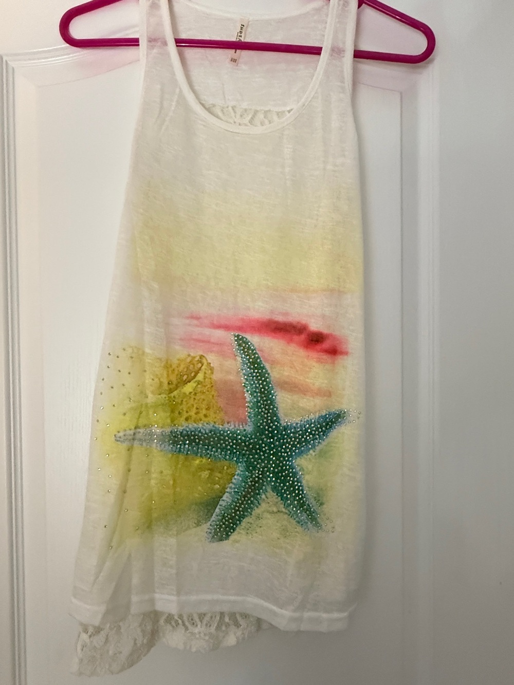 White Tank Top with Teal Starfish Graphic